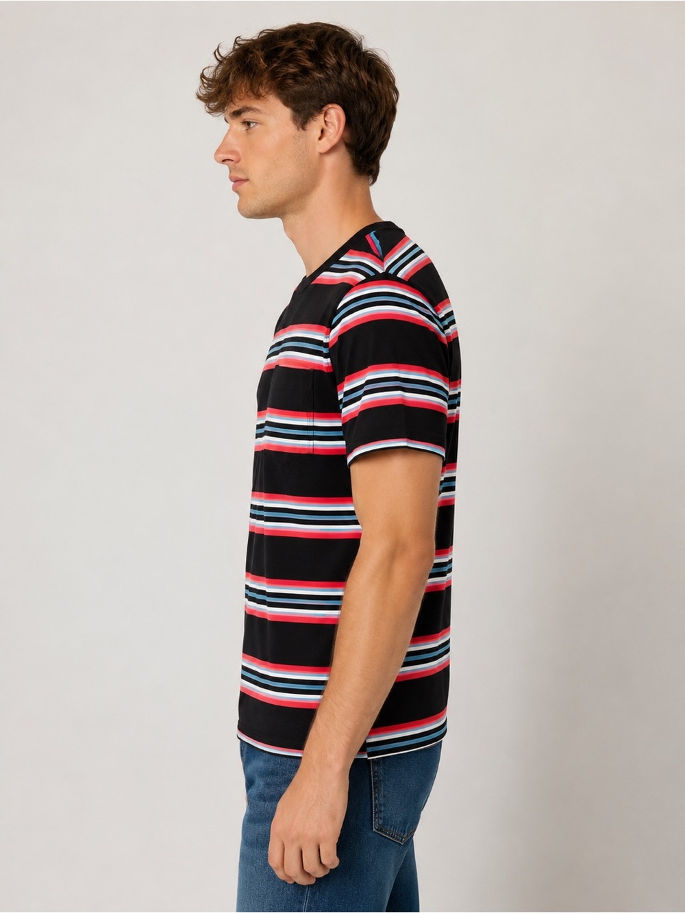 Men's Black Striped Crew Neck T-Shirt with Pocket - Picture 2 of 15